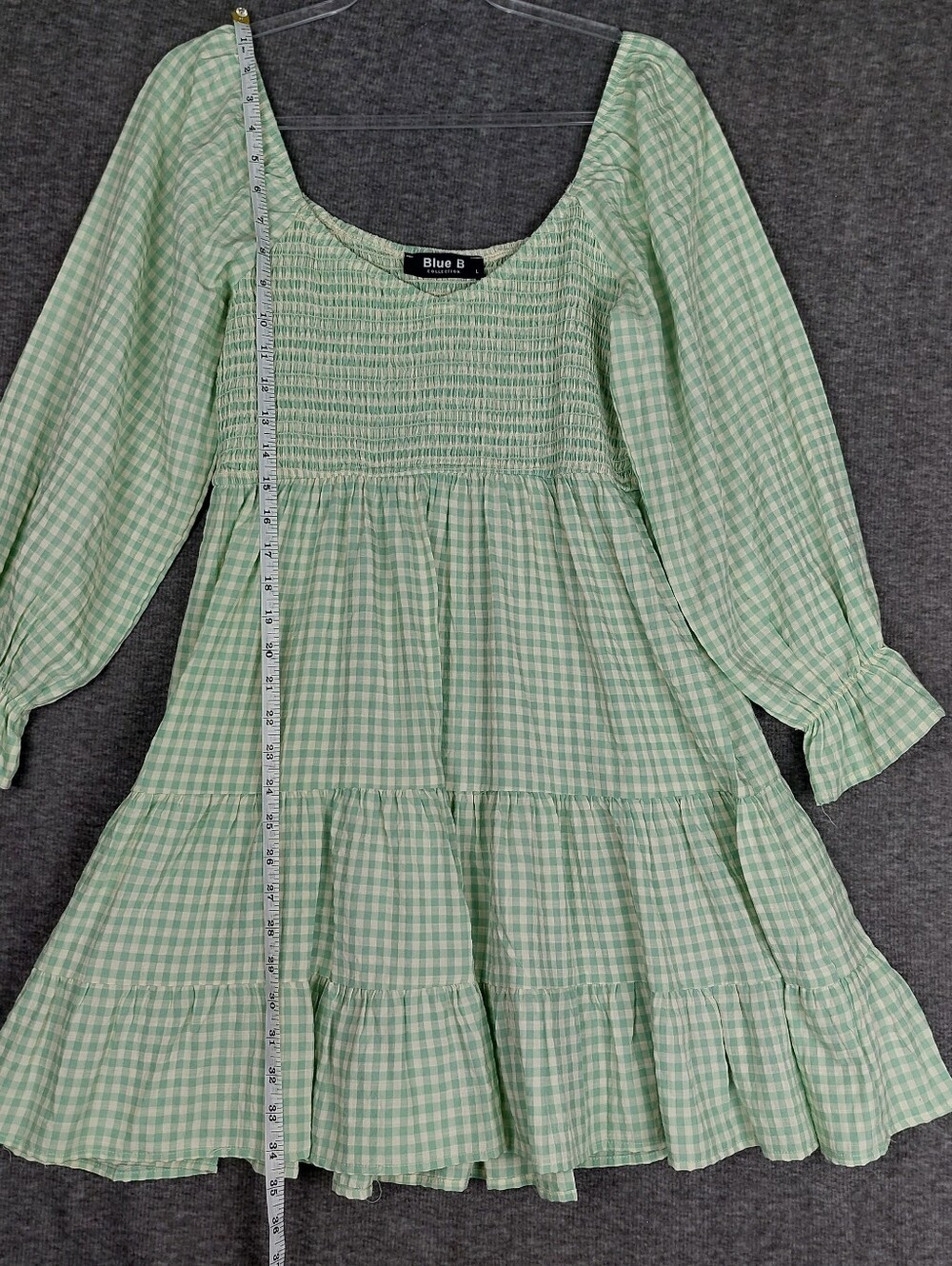 BLUE B COLLECTION WOMENS MINT CREAM GINGHAM SMOCKED LONG SLEEVE MINI DRESS L - Picture 3 of 7